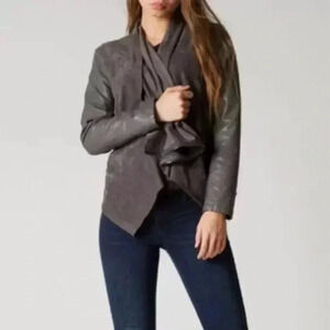 BLANK NYC Women’s Draped Front Moto Jacket Zipper Sz M Faux leather Suede Gray